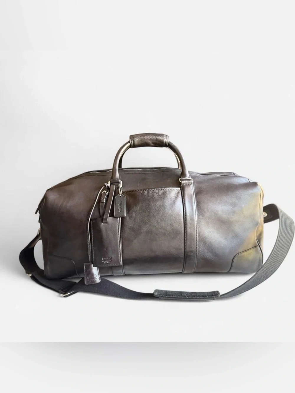 Vintage Coach Dark Brown Leather Duffle Travel Overnight Bag Silver Hardware